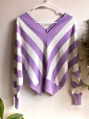 💜 Striped V-Neck White and Purple Sweater Preppy Fall Autumn Collegiate